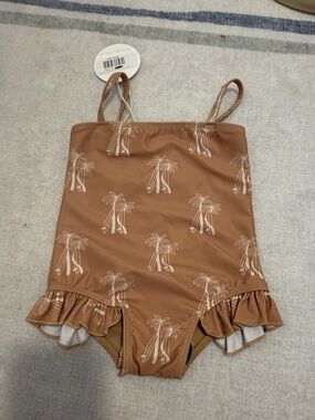 Girls Palm-Print Ruffle One-Piece Swimsuit - Tan